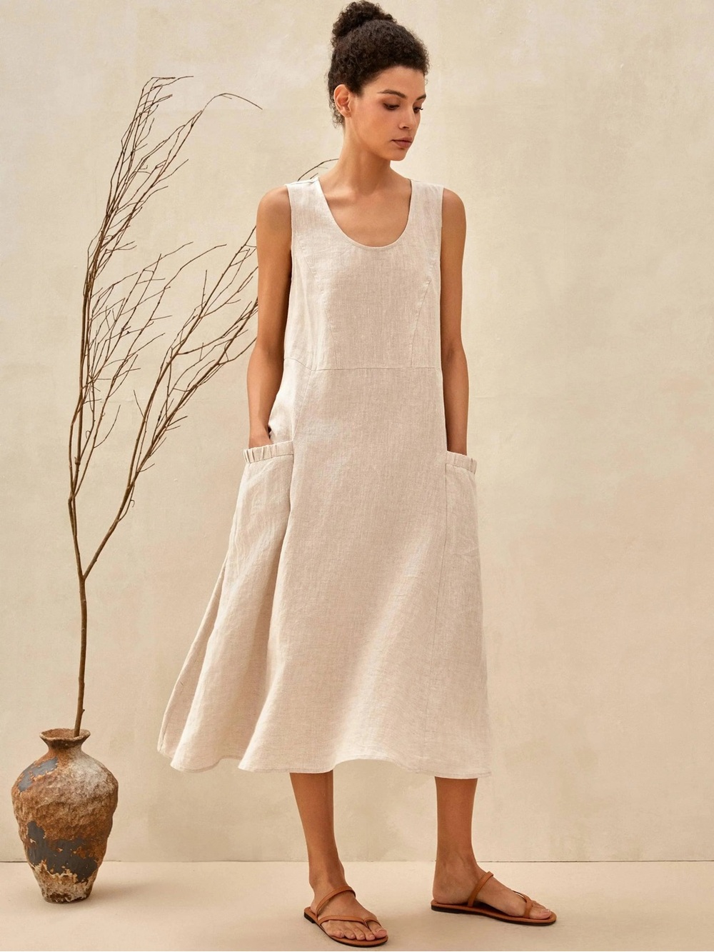 Lintico Women’s M Giana 100% Linen Sleeveless Beige Swing Beach Tank Dress